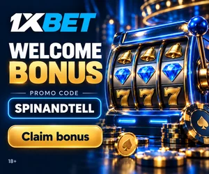 1xBet welcome bonus banner from Spin & Tell