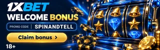 1xBet welcome bonus banner from Spin & Tell